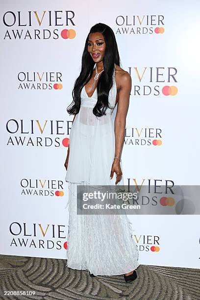 Naomi Campbell poses in the Winners Room at The Olivier Awards 2025 at The Royal Albert Hall on April 06, 2025 in London, England.