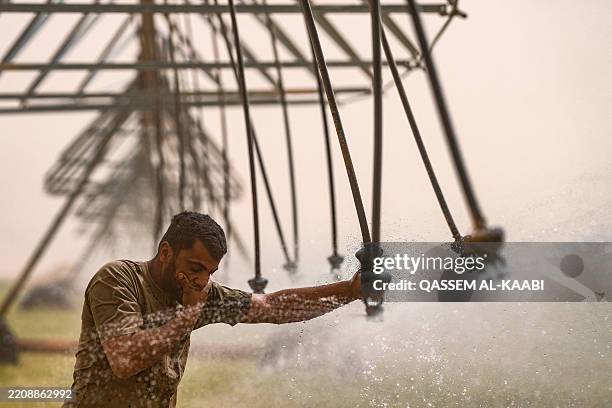 An Iraqi worker wipes his face with water from a modern irrigation sprinkler system in a wheat field in the desert of Najaf as a heavy sandstorm hit...