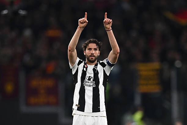 Manuel Locatelli of Juventus celebrates his goal during the Serie A match between Roma and Juventus at Stadio Olimpico on April 06, 2025 in Rome,...