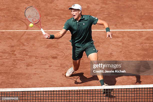 Jenson Brooksby of the United States plays a forehand against Frances Tiafoe of the United States during the final day of the Fayez Sarofim & Co....
