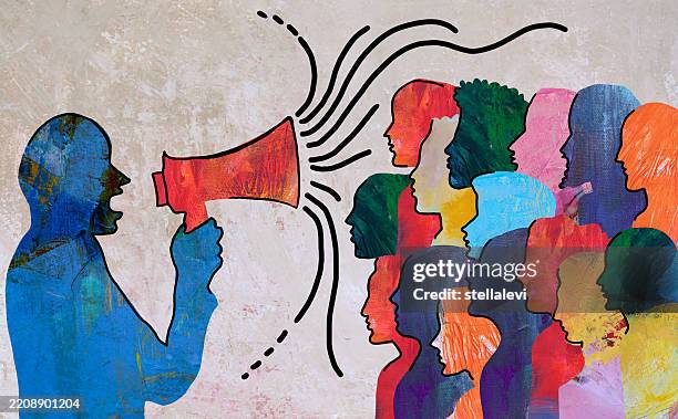 mann mit megafon und publikum - propaganda stock-grafiken, -clipart, -cartoons und -symbole