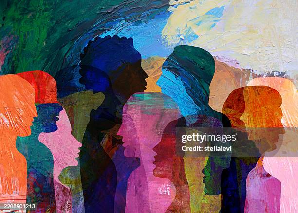 illustrazioni stock, clip art, cartoni animati e icone di tendenza di gruppo di persone diverse che parlano, chiacchierano, legano - benessere