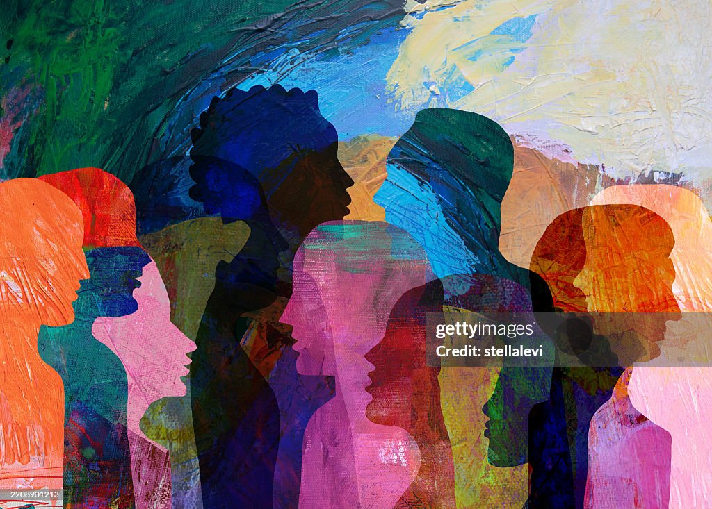 Group of diverse people talking, chatting, bonding