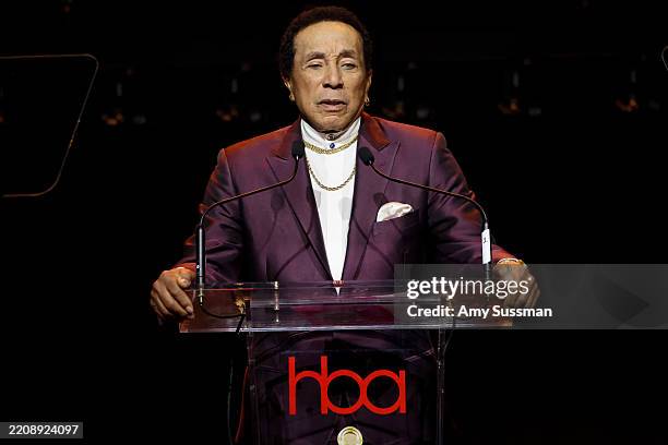 Smokey Robinson speaks onstage during the 10th annual Hollywood Beauty Awards at Avalon Hollywood & Bardot on April 06, 2025 in Los Angeles,...
