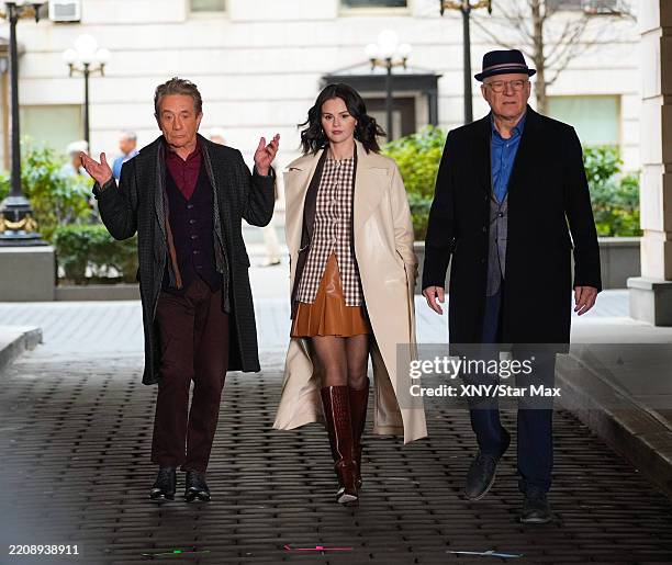 Martin Short, Selena Gomez and Steve Martin are seen on the set of 'Only Murders in the Building' on April 10, 2025 in New York City.