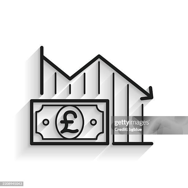 declining graph with pound banknote. line icon with long shadow on white background - pound notes falling stock illustrations