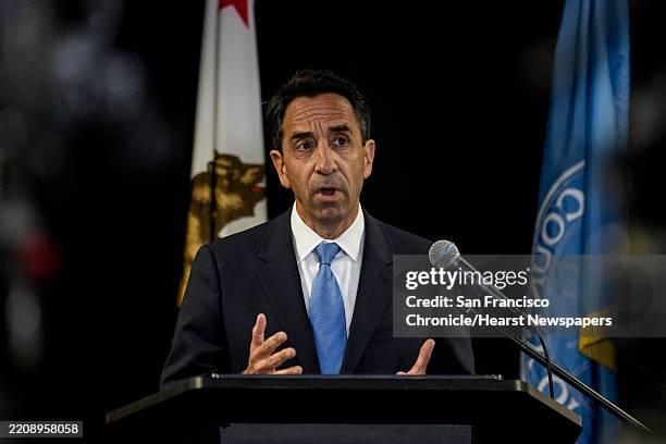 Santa Clara District Attorney Jeff Rosen speaks during a charge announcement to the participants of the 2024 Anti-Israel-Palestine war break-in and...