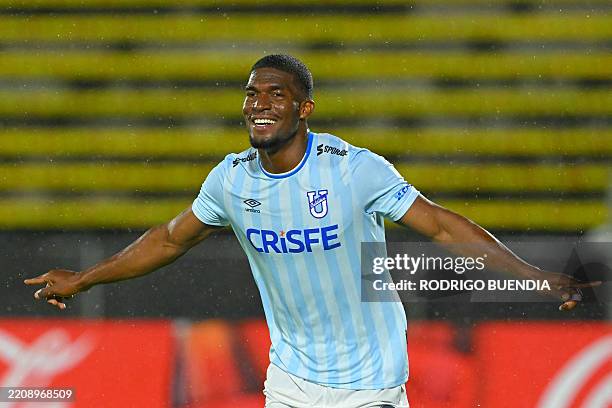 Universidad Catolica's Panamanian forward Azarias Londono celebrates after scoring his team's first goal during the Copa Sudamericana group stage...