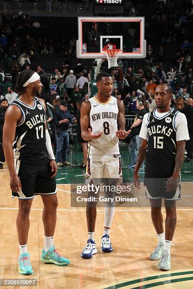 Jamaree Stanley Umude and Jamaree Bouyea of the Milwaukee Bucks laugh with ...