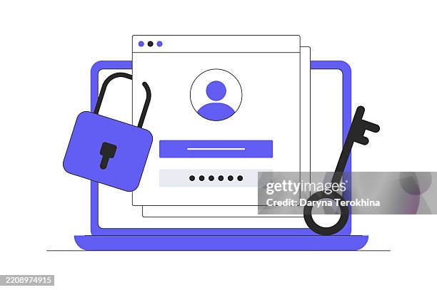 online authentication, strong password for cyber security, high protection and safety for login account, secure data privacy. flat cartoon vector illustration, icon. stylish abstract design - identity theft protection stock illustrations