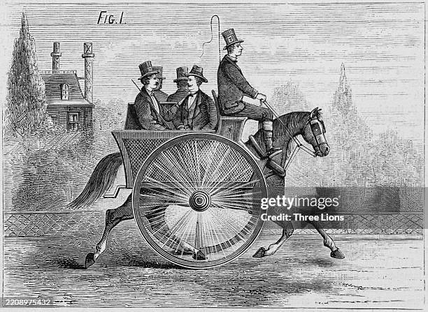 Artist's impression of men riding in an 'equibus', a carriage straddling the back of a horse, with one large wheel on either side helping to propel...