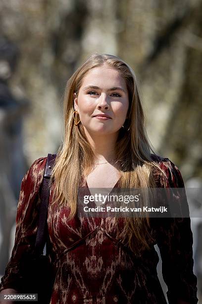 Princess Amalia of The Netherlands visits a tulip garden at Plaza de Oriente on April 7, 2025 in Madrid, Spain. Princess Amalia offered the tulip...