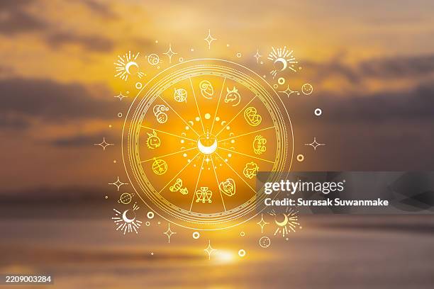 zodiac signs and astrology with constellations, concepts, predictions, horoscopes, beliefs - astrologie photos et images de collection