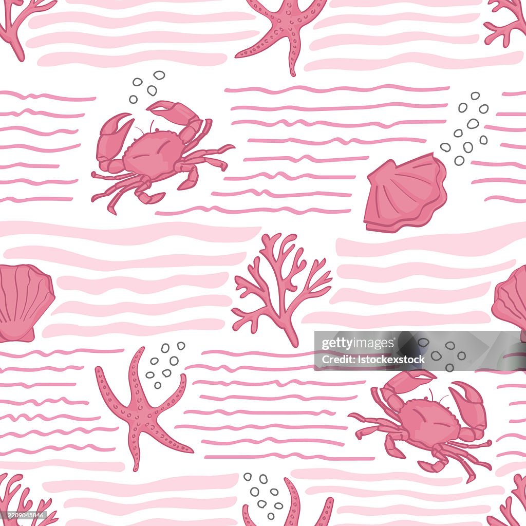 Pink Crabs Pattern with Waves