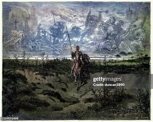 don quixote riding off on adventure, phantoms of knight and giants fighting in the clouds, after the illustration by gustave doré - fantasy battle stock illustrations