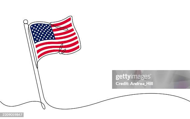 ilustraciones, imágenes clip art, dibujos animados e iconos de stock de bandera del país de los estados unidos de américa. banner de dibujo de línea continua con espacio de copia - asta palo