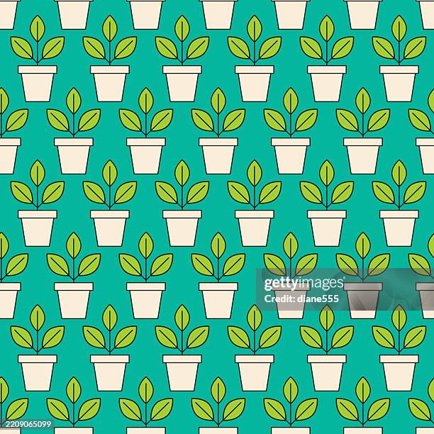 line art seedling plant in a clay pot seamless background repeat - clay pot stock illustrations