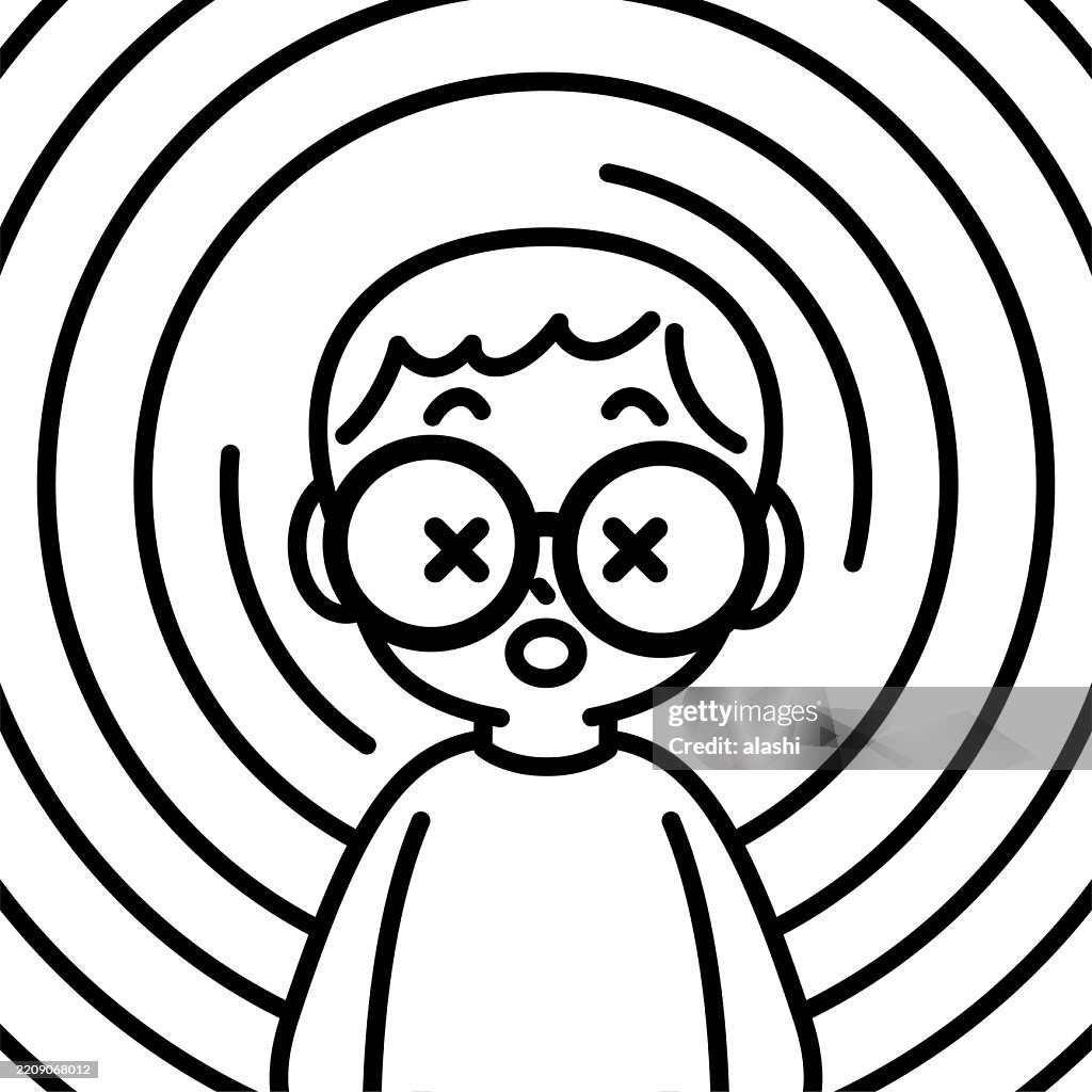A cute boy's eyes are replaced with "X" marks, confusion, dizziness, unconsciousness, concentric spiral lines background, disorientation, or hypnotic effect. Front view, black outline with flat colors, minimalist style.