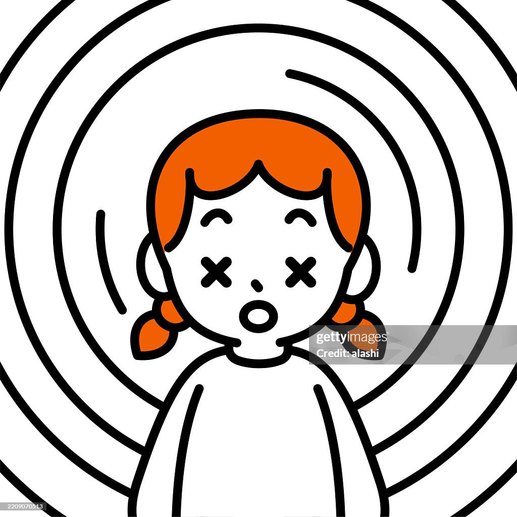A cute girl's eyes are replaced with "X" marks, confusion, dizziness, unconsciousness, concentric spiral lines background, disorientation, or hypnotic effect. Front view, black outline with flat colors, minimalist style.