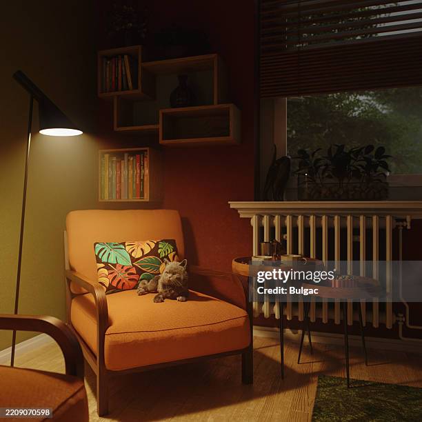 gemütliche ecke mit orangefarbenem sessel, sleepy cat und beistelltischen aus holz - warmes licht stock-fotos und bilder