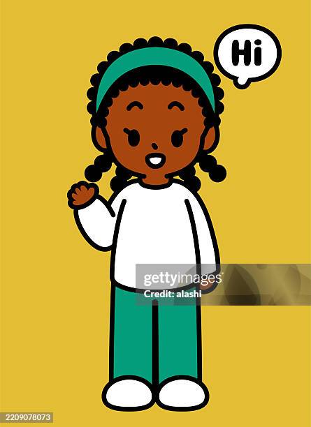 a cute black girl, smiling, raising her hand, greeting, saying "hi", looking at the viewer. front view, black outline with flat colors, minimalist style - words of support and encouragement stock illustrations