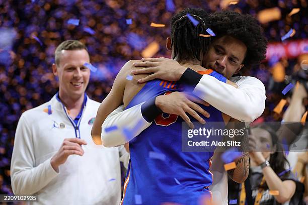 Will Richard of the Florida Gators celebrates after the second half in the National Championship of the NCAA Men's Basketball Tournament against the...