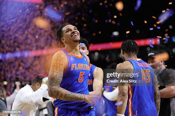 Will Richard of the Florida Gators celebrates after second half in the National Championship of the NCAA Men's Basketball Tournament against the...