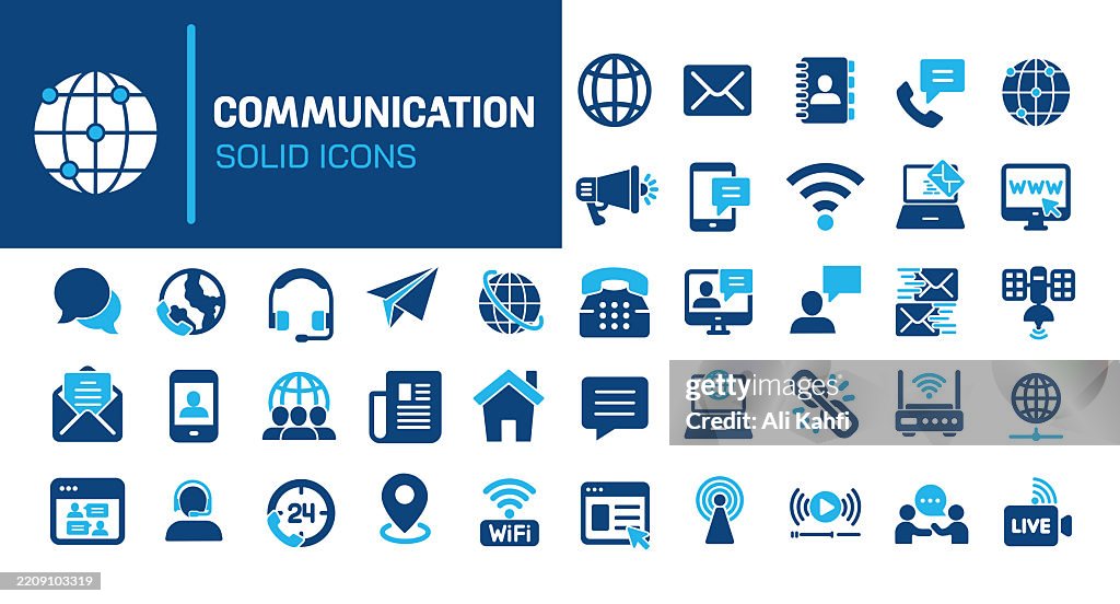 Communication glyph solid icons. Containing contact, message, network, support solid icons collection. Vector illustration. Perfect pixel on clean white background
