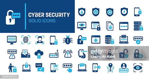 ilustrações de stock, clip art, desenhos animados e ícones de cyber security glyph solid icons. containing malware, hacker, spyware, data security solid icons collection. vector illustration. perfect pixel on clean white background - sob proteção