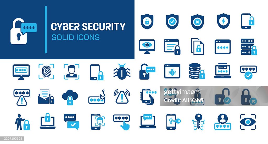 Cyber security glyph solid icons. Containing malware, hacker, spyware, data security solid icons collection. Vector illustration. Perfect pixel on clean white background