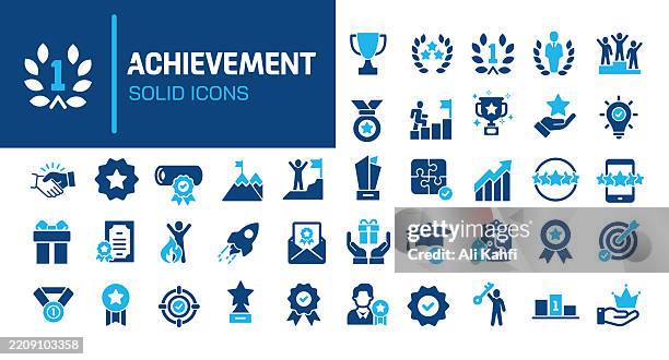 achievement glyph solid icons. containing success, goal, victory, target solid icons collection. vector illustration. perfect pixel on clean white background - certificate badge stock illustrations