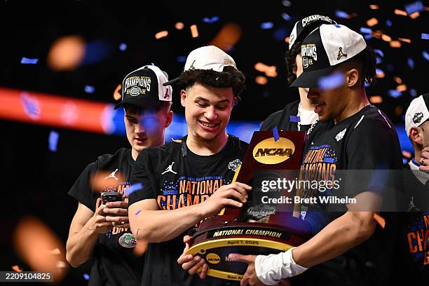 Isaiah Brown of the Florida Gators celebrate a win during the NCAA Men's Basketball National Championship game at Alamodome on April 07, 2025 in San...