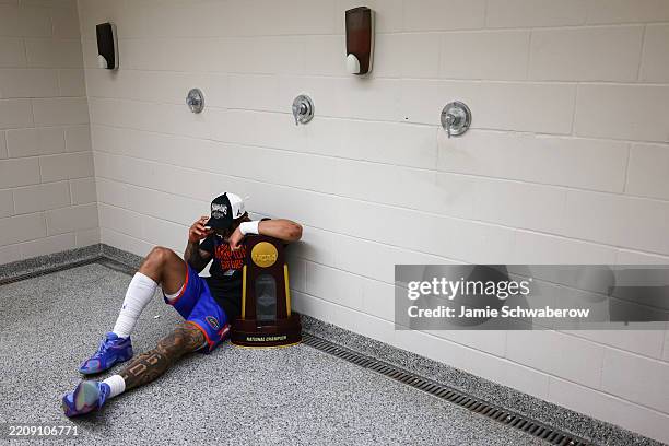 Alijah Martin of the Florida Gators celebrates a win during the NCAA Men's Basketball National Championship game at Alamodome on April 07, 2025 in...