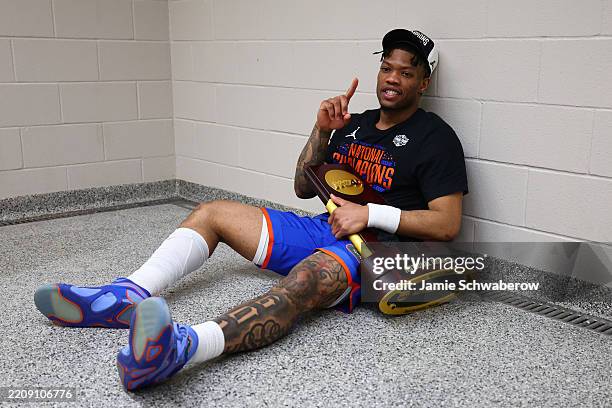 Alijah Martin of the Florida Gators celebrates a win during the NCAA Men's Basketball National Championship game at Alamodome on April 07, 2025 in...