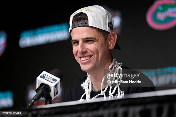 Head Coach Todd Golden of the Florida Gators speaks with the media after defeating the Houston Cougars in the National Championship of the NCAA Men's...