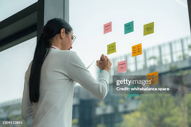 businesswoman using laptop, sticky notes looking at monitor in modern office. - sticky-notes-covering-computer-monitor stock pictures, royalty-free photos & images