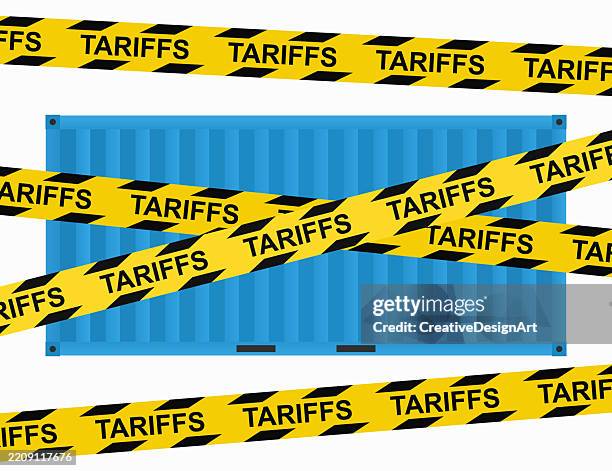 economic tariffs and taxation concept. tariff caution tape and container on white background - trade agreement stock illustrations