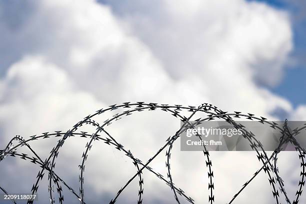 barbed wire with clouds in the background - alambre de espino fotografías e imágenes de stock