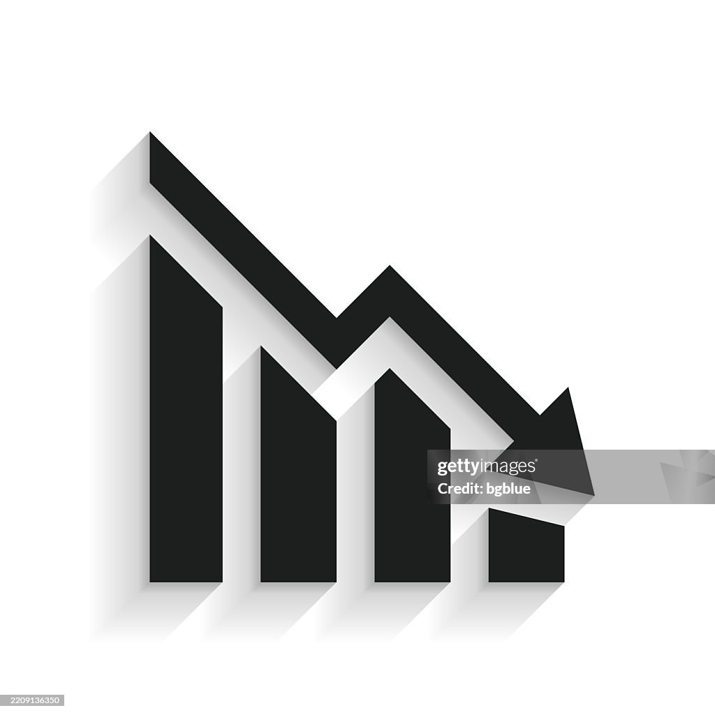 Decreasing graph. Icon with long shadow on white background