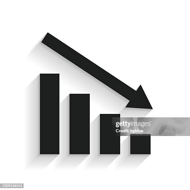 decreasing graph. icon with long shadow on white background - falling sales graph stock illustrations