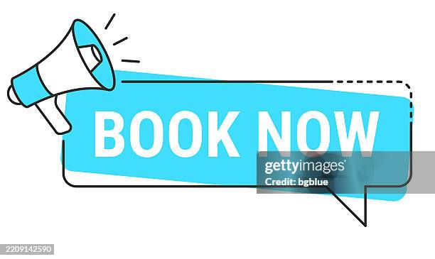 book now - speech bubble and megaphone on white background - beat the clock stock illustrations