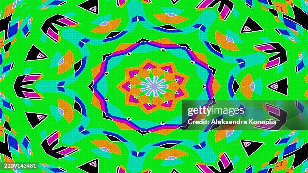 kaleidoscope pattern in green, orange, pink for 70s, psychedelic design - psychedelic music stock pictures, royalty-free photos & images