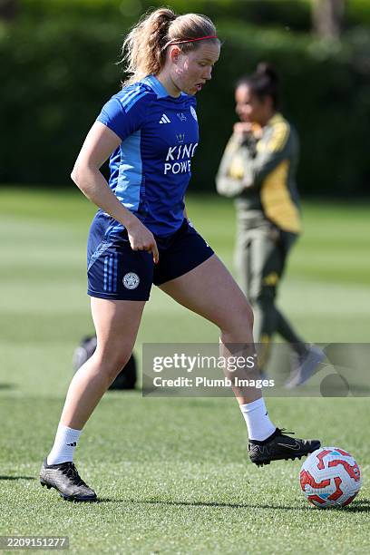 Hlin Eiriksdottir of Leicester City Women in action during a training session at Belvoir Drive on April 11, 2025 in Leicester, United Kingdom.