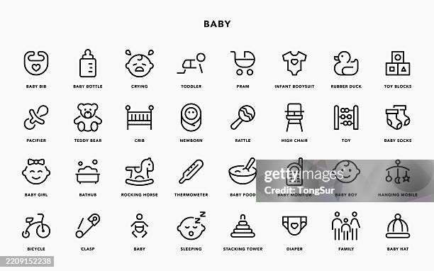 baby - liniensymbole. - babyflasche stock-grafiken, -clipart, -cartoons und -symbole