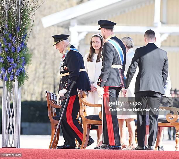 King Harald of Norway, Crown Prince Haakon and Princess Ingrid Alexandra attend the Welcoming ceremony at The Royal Palace in conjunction with the...