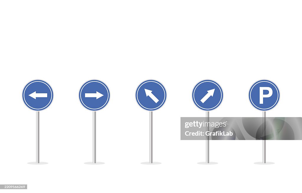 Map Direction Sign Blue Directional Traffic Signs Including Arrows Parking Symbol High-Res ...