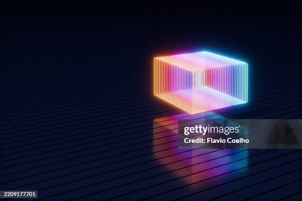 illuminated neon cube in perspective - stock cube stock pictures, royalty-free photos & images