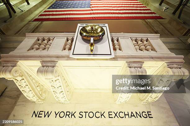 The market bell is seen at the New York Stock Exchange during morning trading on April 08, 2025 in New York City. All three major stock indexes...