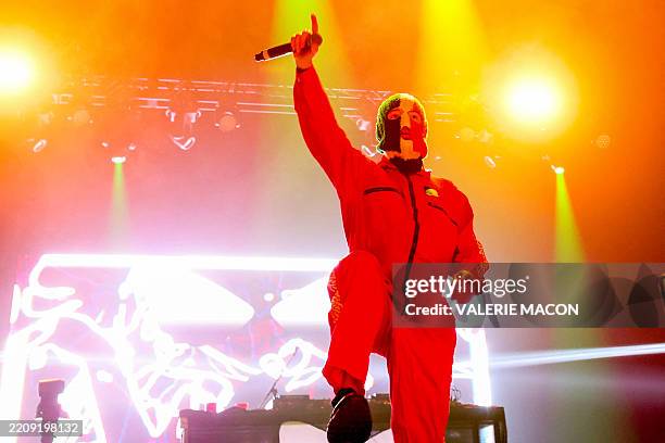 Provai from Irish Hip Hop trio Kneecap performs onstage during the 2025 Coachella Valley Music and Arts Festival at Empire Polo Club on April 11,...