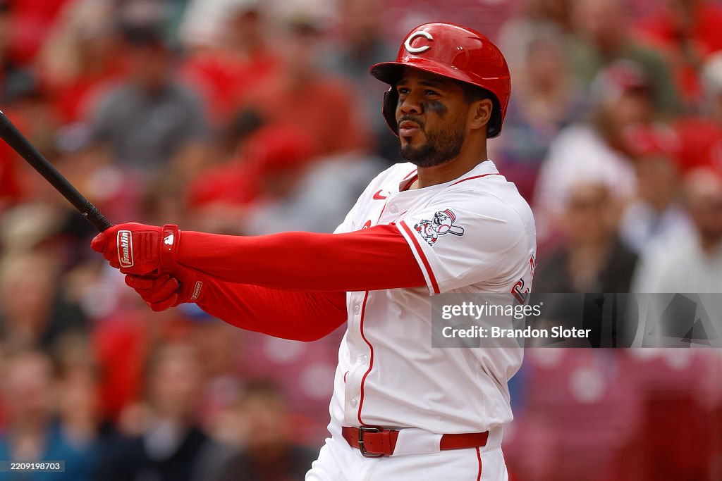 Texas Reds Riviera Jeimer Candelario of the Cincinnati Reds swings the bat in the fifth ...